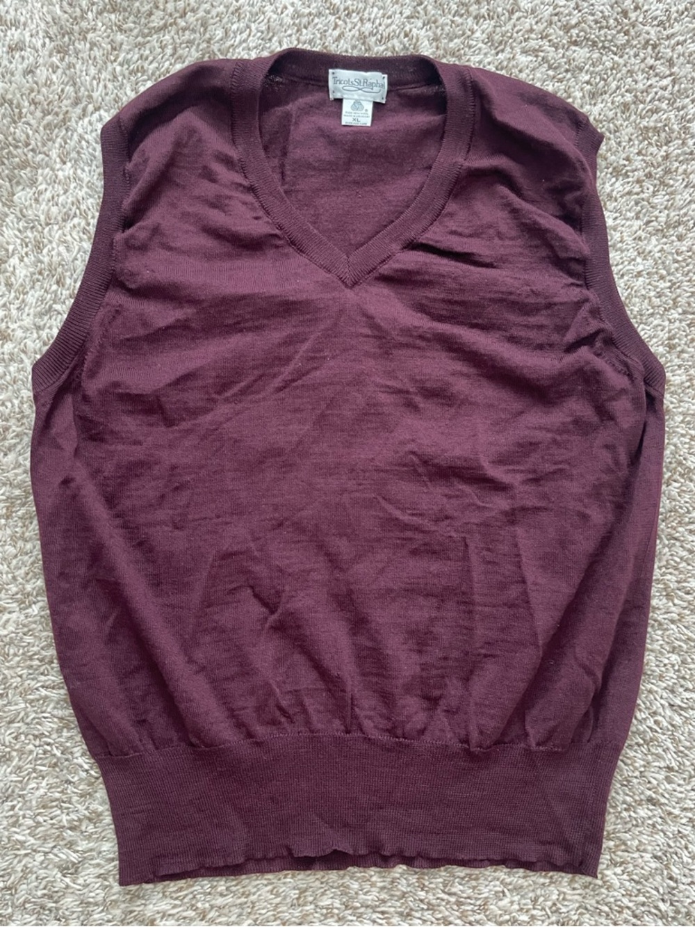 Tricots St. Raphael Wool Sweater Vest V-Neck Burgundy Plum XL Vintage